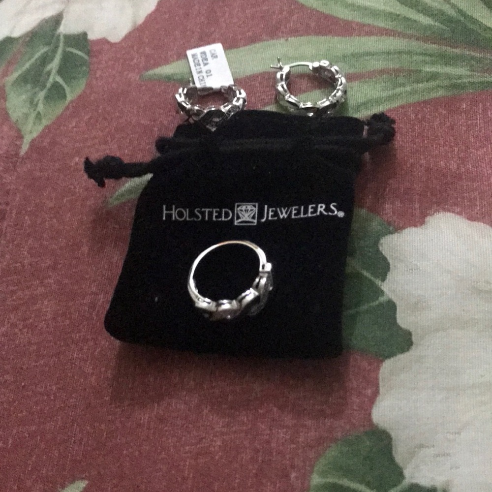 Silver plated hoop earrings and ring set